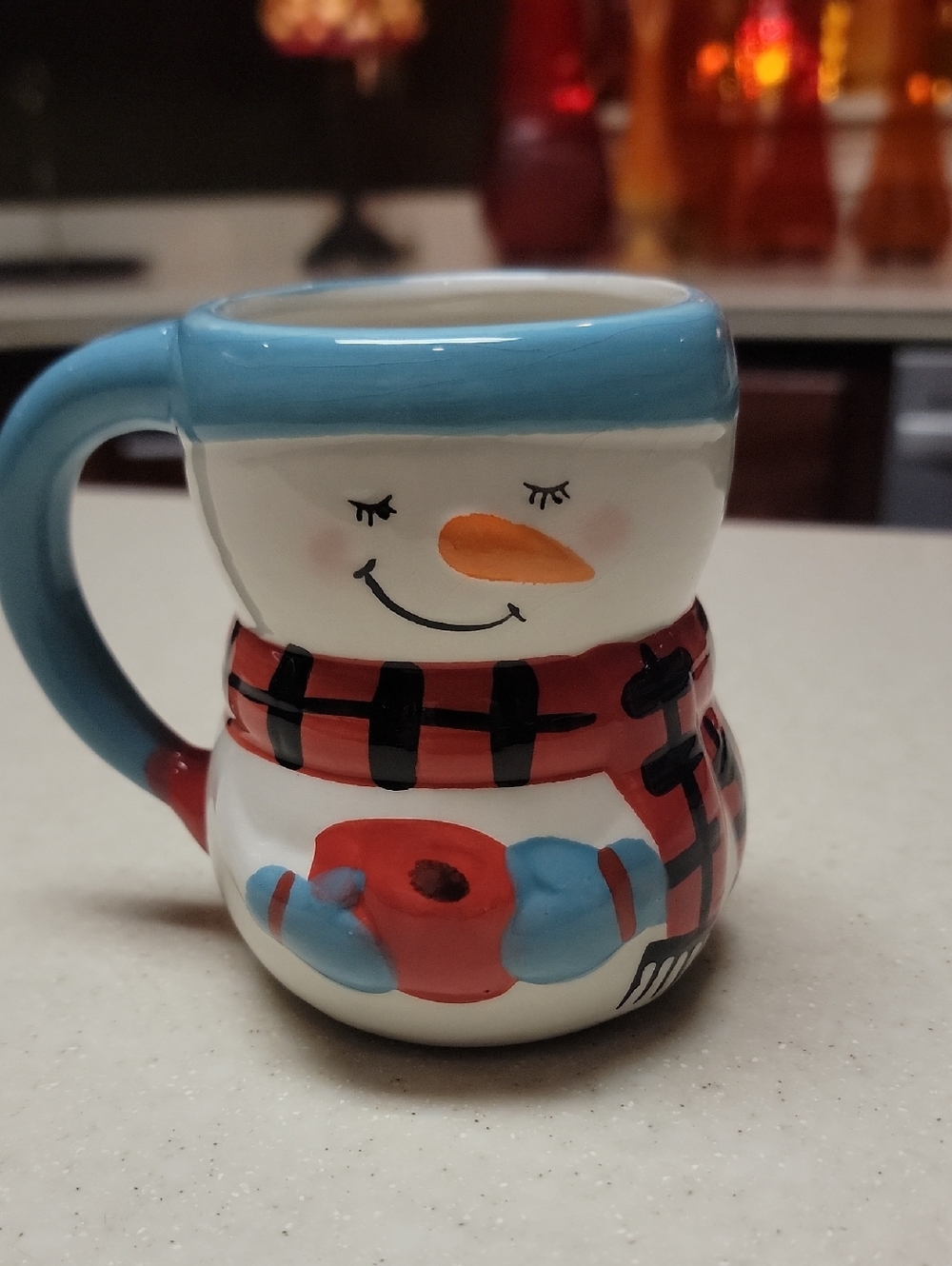 Ceramic Snowman Mug with Blue Trim and Red Scarf